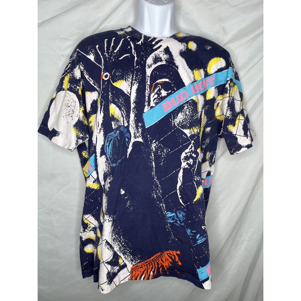 SANDBAGS Bud Light Volleyball T Shirt All Over Print L to XL Slim 1980s 1990s
